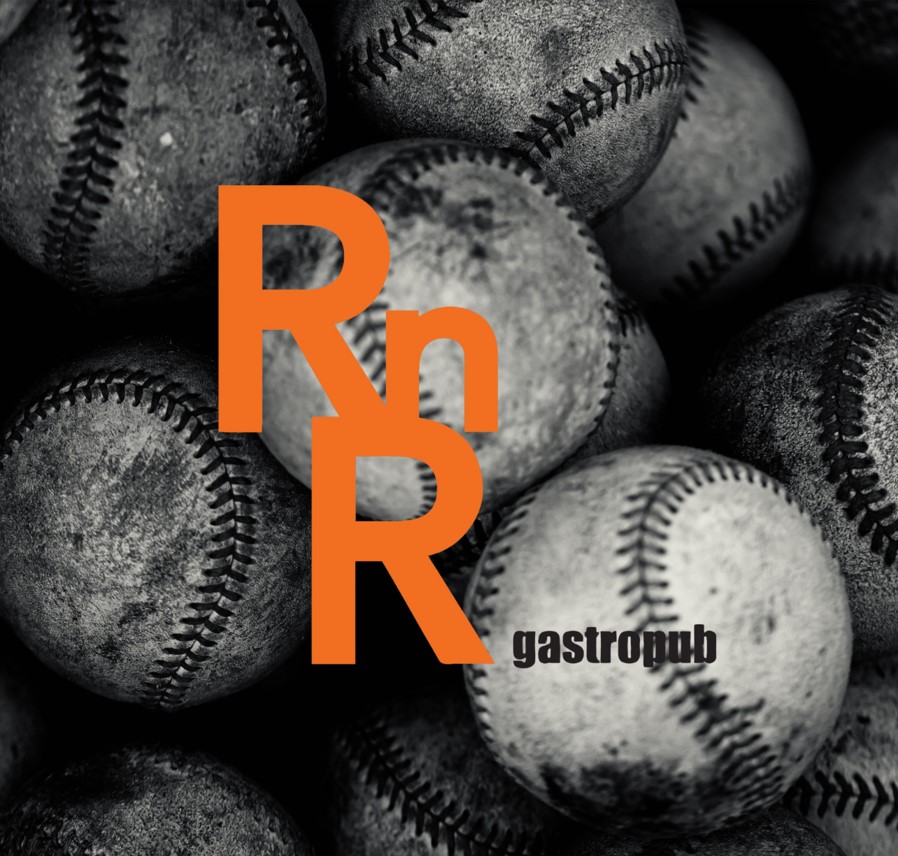 RnR Gastropub logo overlaid on a textured black-and-white background of worn baseballs